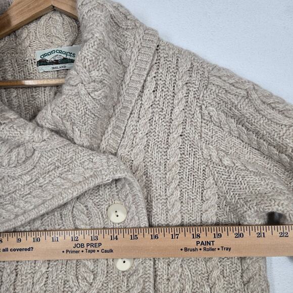 Aran Crafts 100% Merino Wool Cable Knit Cardigan L Beige Oatmeal Shawl Collar - Picture 11 of 16